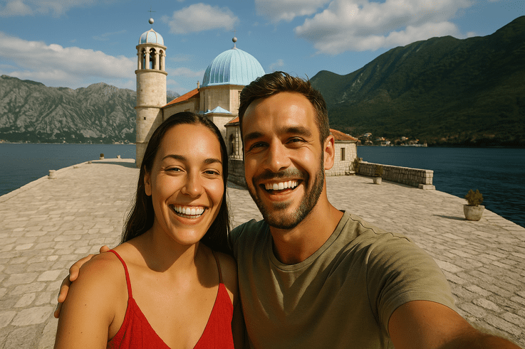 A couple visiting Our Lady of the Rocks during their honeymoon in montenegro