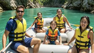 An AI generated image of a Family in Montenegro on the White Water Rafting on Tara River